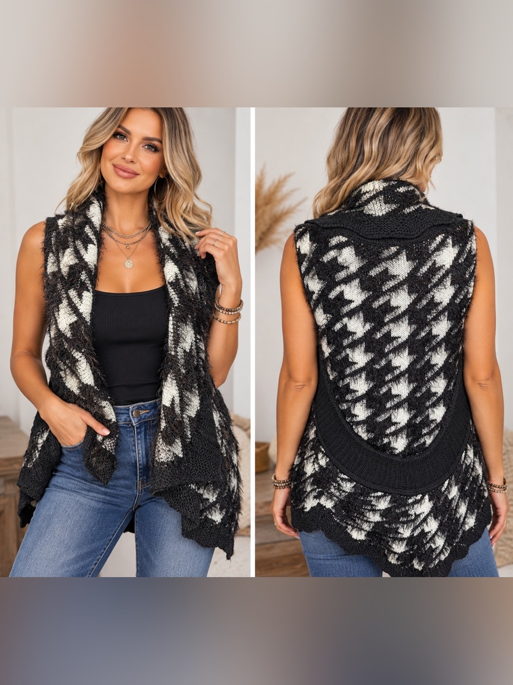 Liquid By Sioni Houndstooth Knit Faux Fur Sleeveless Cardigan, Size S/M